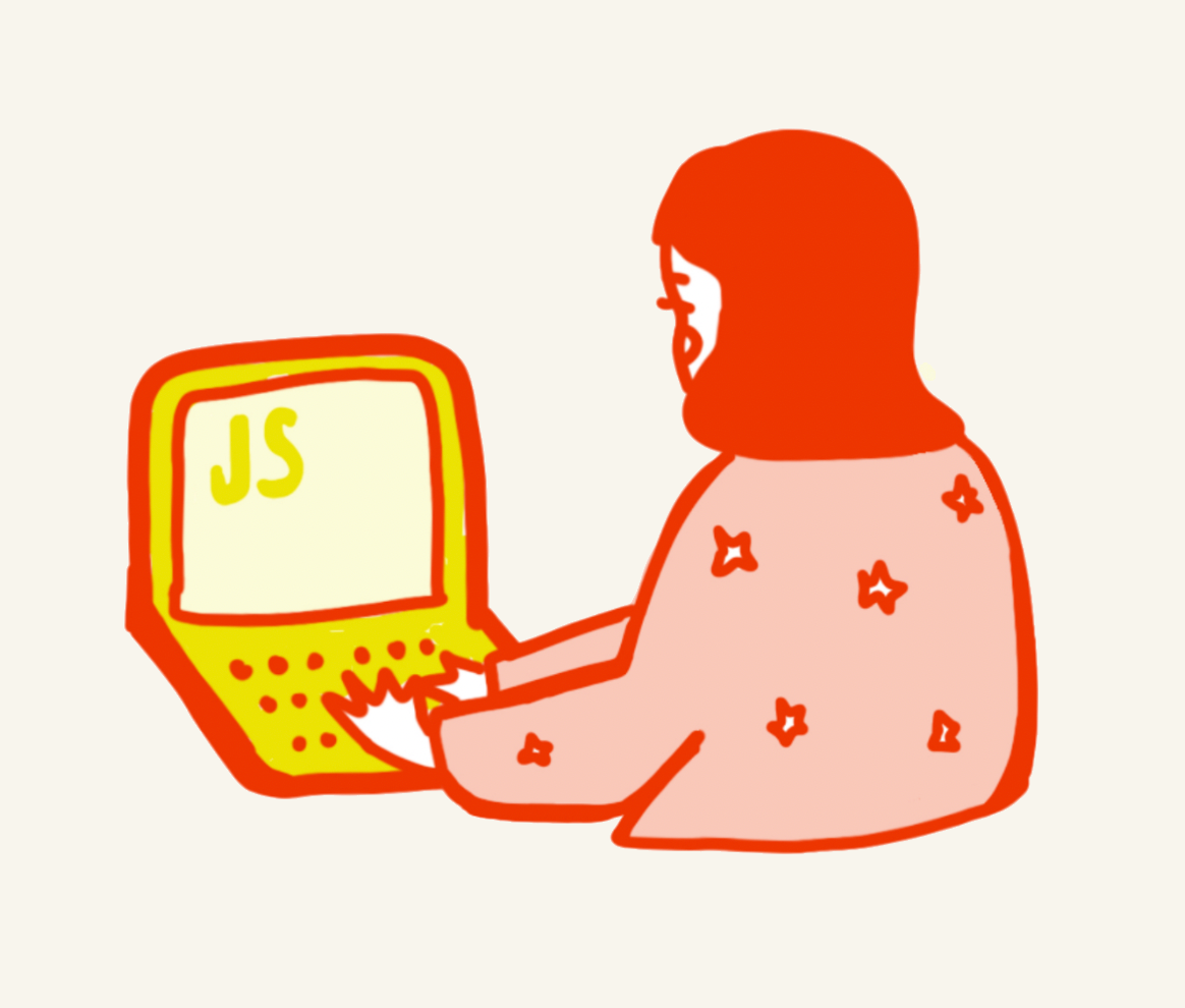 Handdrawn graphic of woman coding